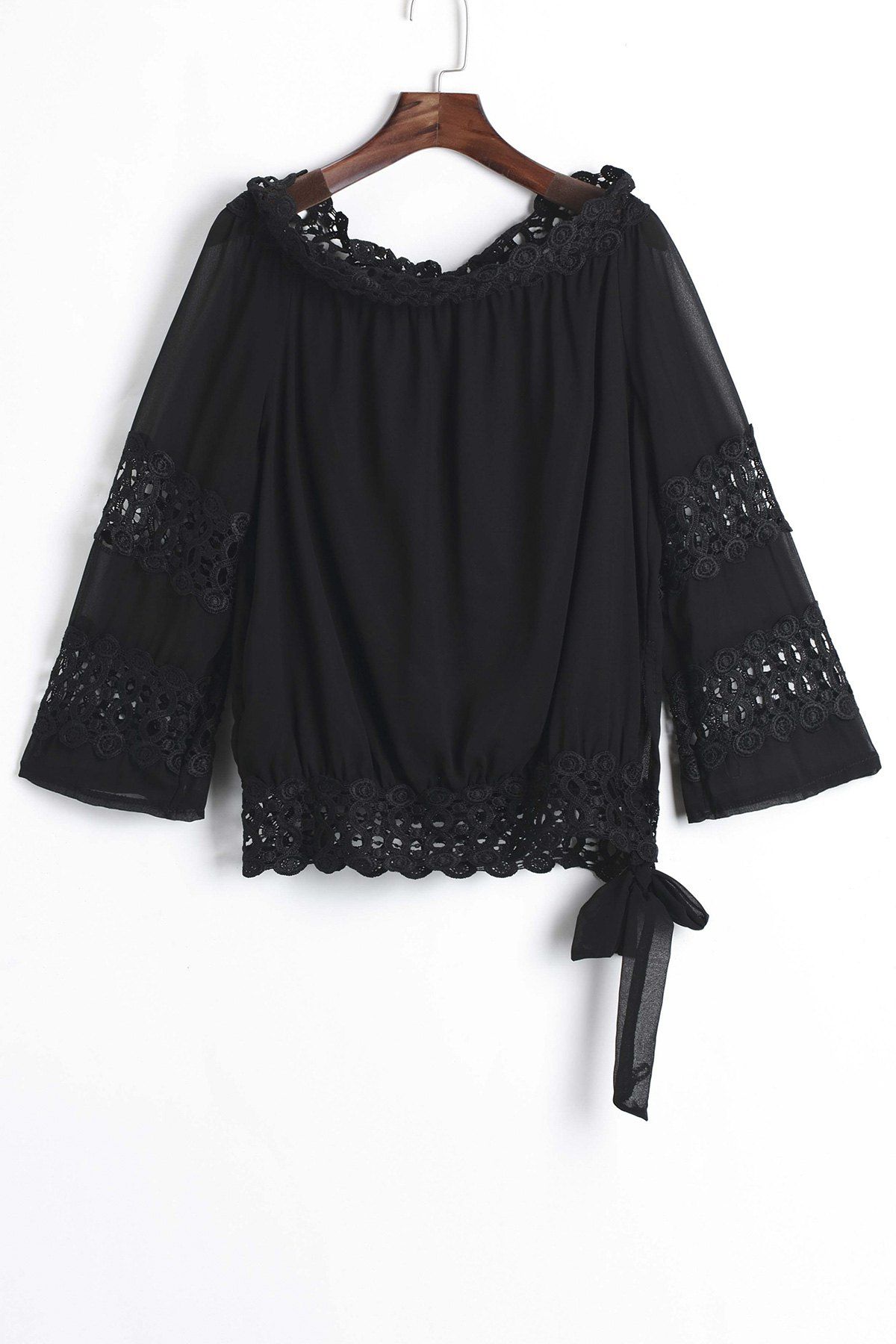 

Stylish Long Sleeve Boat Neck Hollow Out Solid Color Women's Blouse, Black
