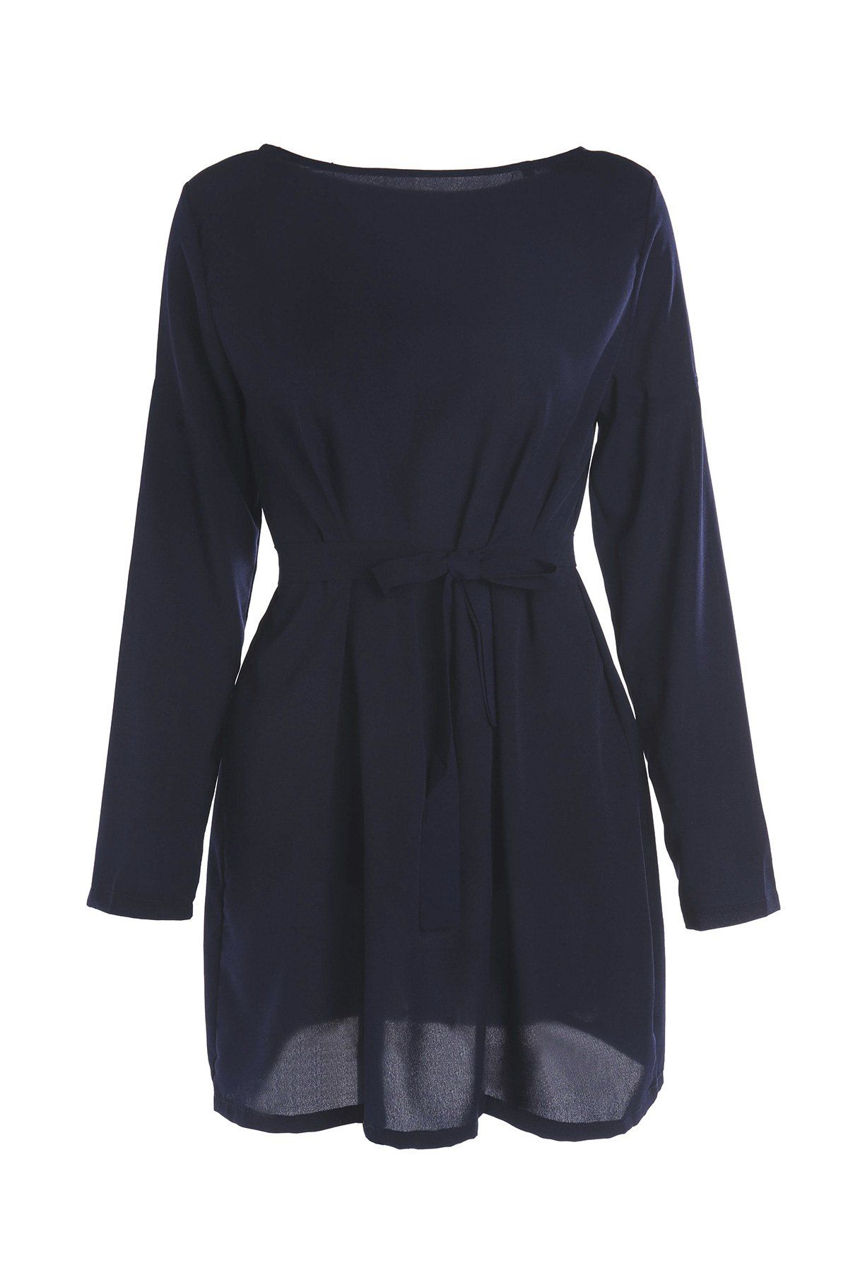 

Brief Long Sleeve Round Collar Self-Tie Purplish Blue Women's Dress