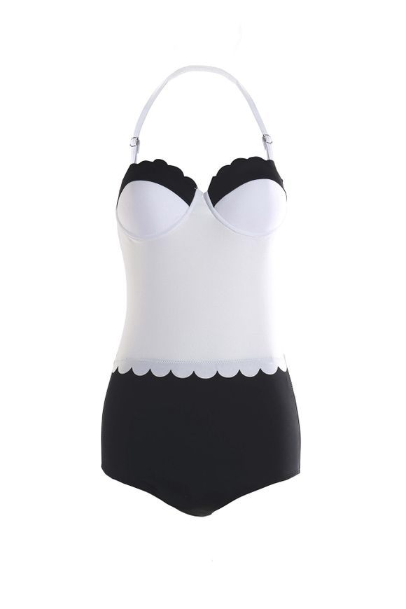 Sexy Style Halter Neck Black White Splicing Swimwear For Women - Blanc et Noir XL