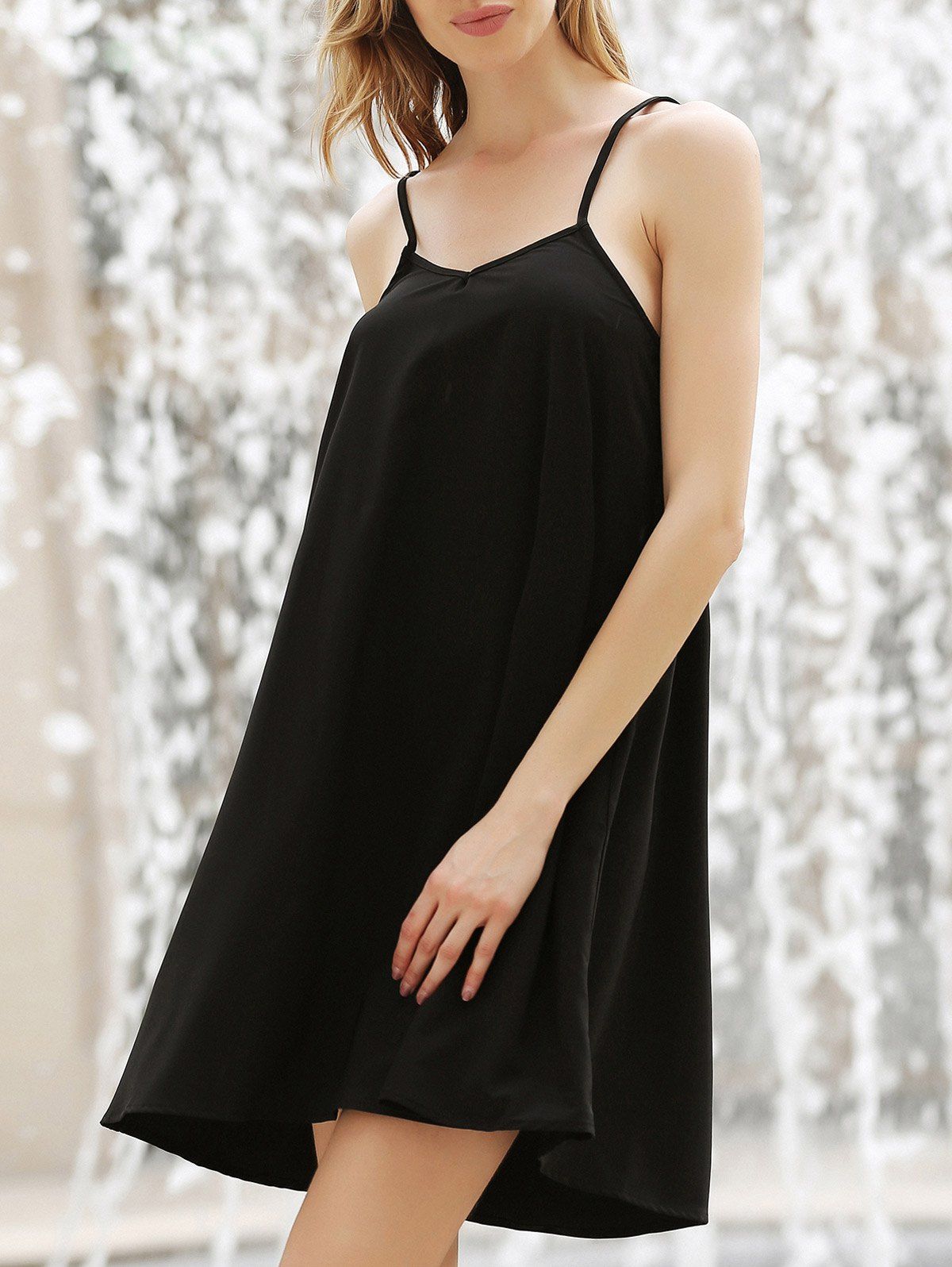 

Solid Color Spaghetti Straps All-Match Simple Style Women's Dress, Black