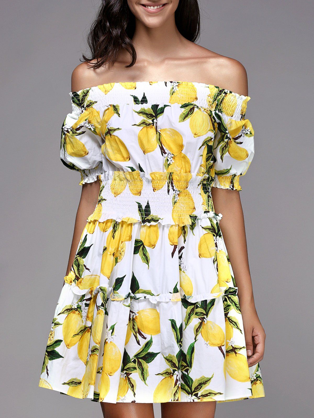 

Cute Off-Shoulder Fruit Print Dress For Women, Yellow