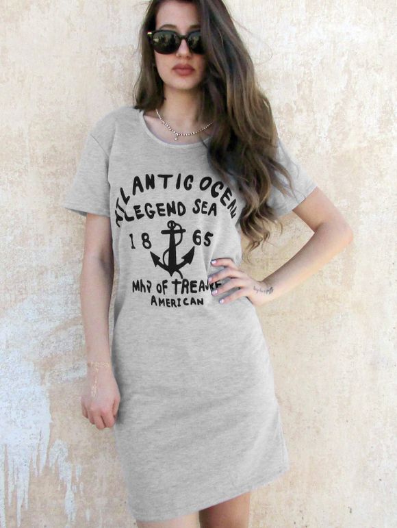 Letter Print Casual Hooded Short Sleeve Women's Dress - Gris ONE SIZE
