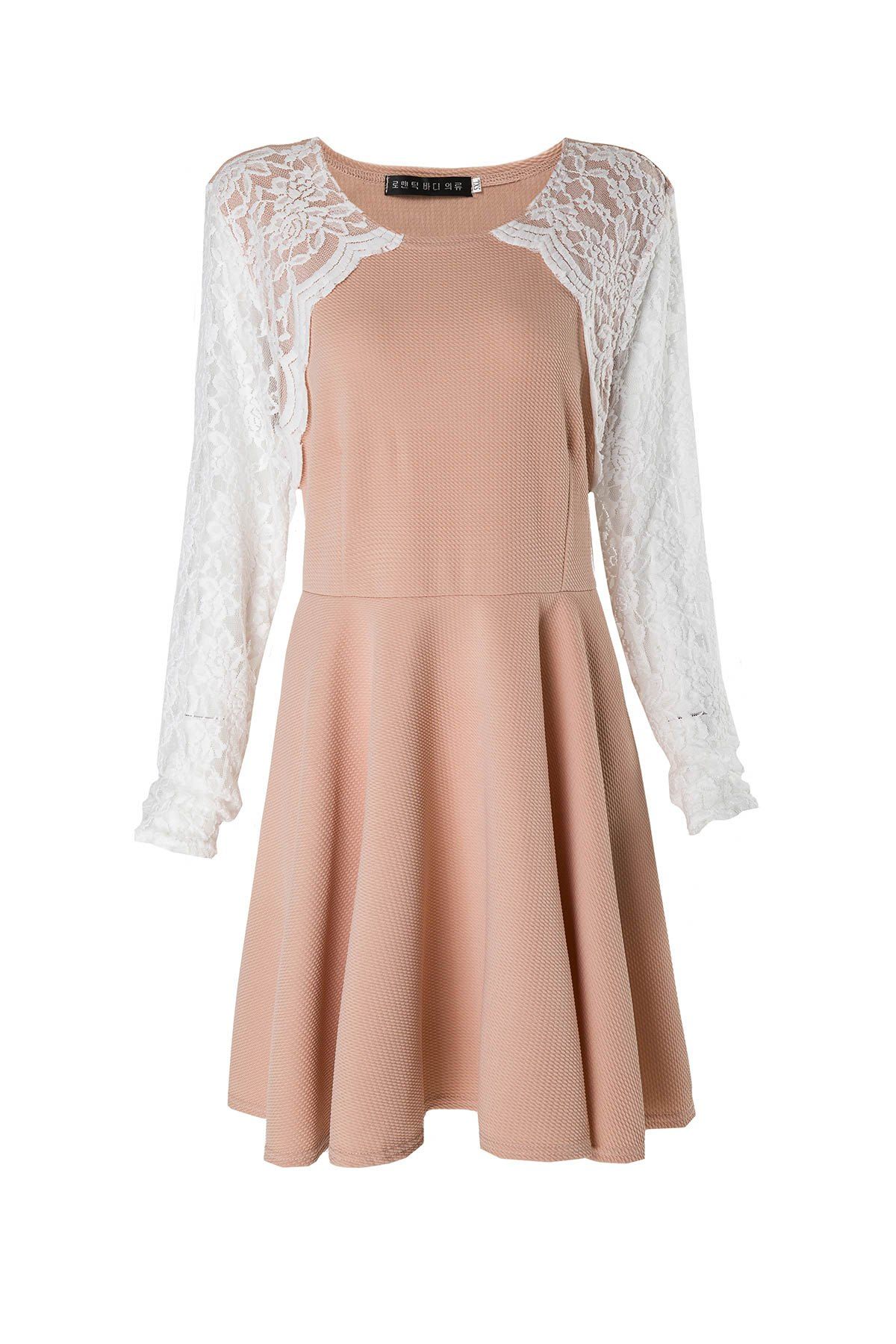 

Stylish Round Collar Lace Splicing Plus Size Long Sleeve Women's Dress, Pink