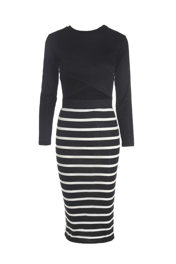 Sexy Style Round Neck Solid Color Long Sleeve Crop Top + Stripe Skirt For Women - Noir L