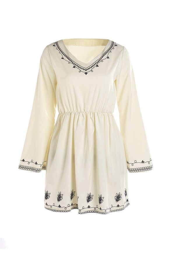 Stylish Flare Sleeve V-Neck brodé en mousseline de soie robe de femme - Blanc M