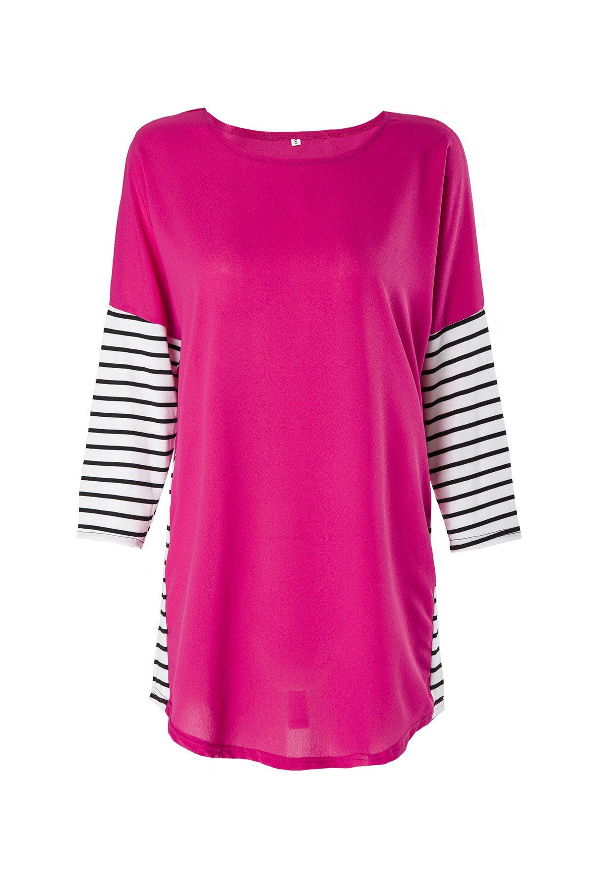 

Fashionable Women' Jewel Neck 3/4 Sleeve Striped Spliced T-Shirt, Rose