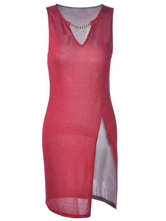 Robe de mode Aménagée Slit col en V pour les femmes - Rouge vineux M