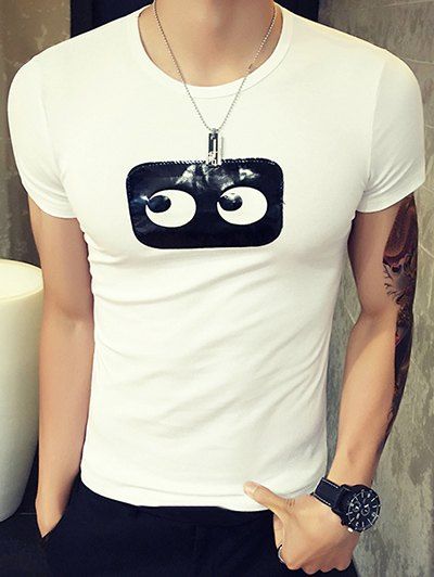 Stylish Round Neck Big Eyes Printed Short Sleeve T-Shirt For Men - Blanc XL