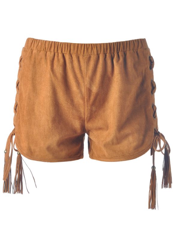 Élégant pur Shorts de couleur à lacets pour les femmes - Camel S