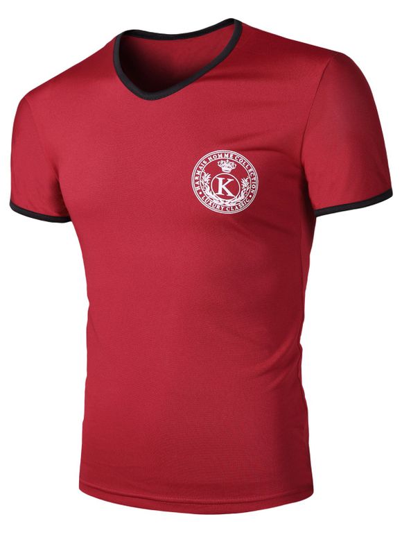 Men's Round Neck Letter Print  Solid Color Short Sleeves T-Shirt - Rouge vineux 2XL