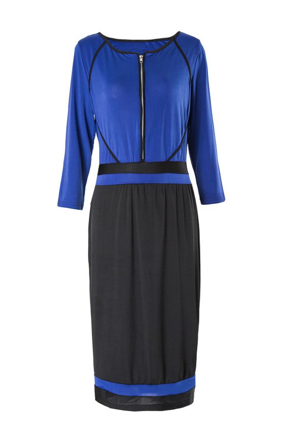 Elégant à manches 3/4 à encolure dégagée Zip design Color Block femmes s 'Robe crayon - Bleu XL
