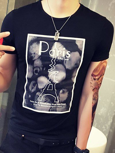 T-shirt élégant col rond La Tour Eiffel Imprimé à manches courtes hommes s ' - Noir XL