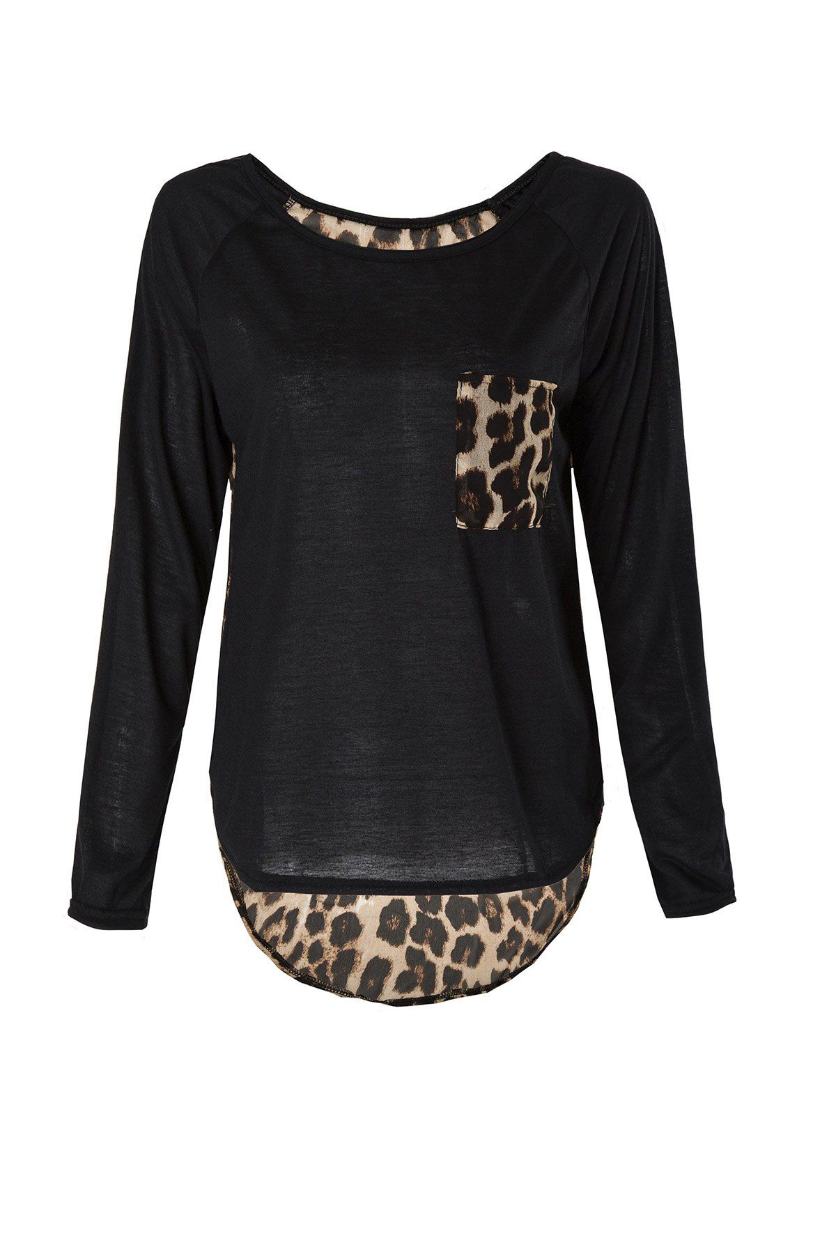 

Stylish Scoop Neck Long Sleeves Leopard Print Spliced Women's T-Shirt, Black