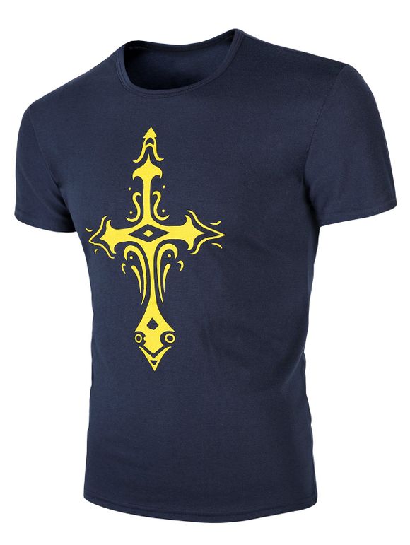 Col rond Croix T-shirt imprimé Men 's  manches courtes - Bleu profond 3XL