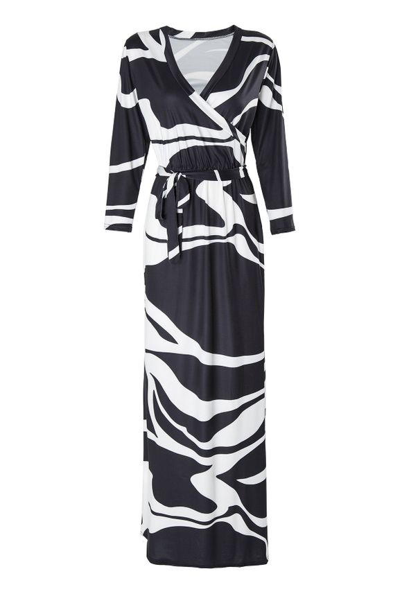 Stylish Plunging Neck 3/4 Sleeve Black and White Women's Maxi Dress - Blanc et Noir XL