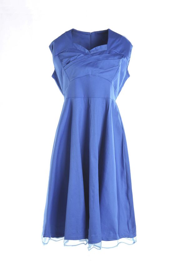 Retro Cap manches décolleté en cœur solide robe des femmes de couleur - Bleu 2XL