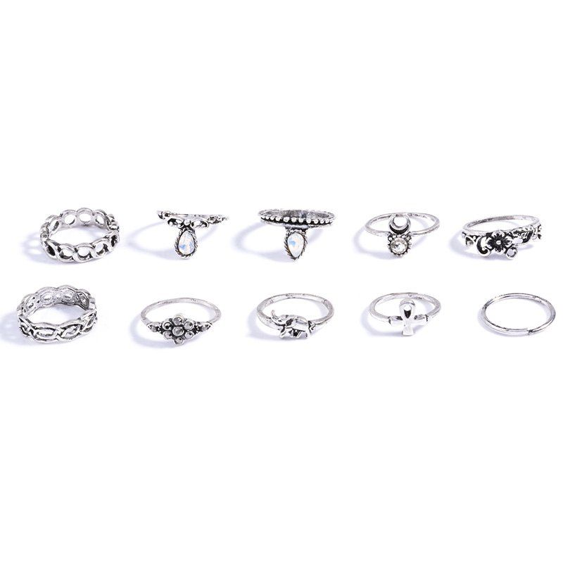 

10 Pcs/Set Rhinestone Carving Elephant Flower Rings, Silver