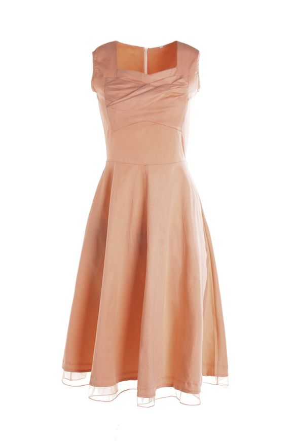 Retro Cap manches décolleté en cœur solide robe des femmes de couleur - Orange Rose S