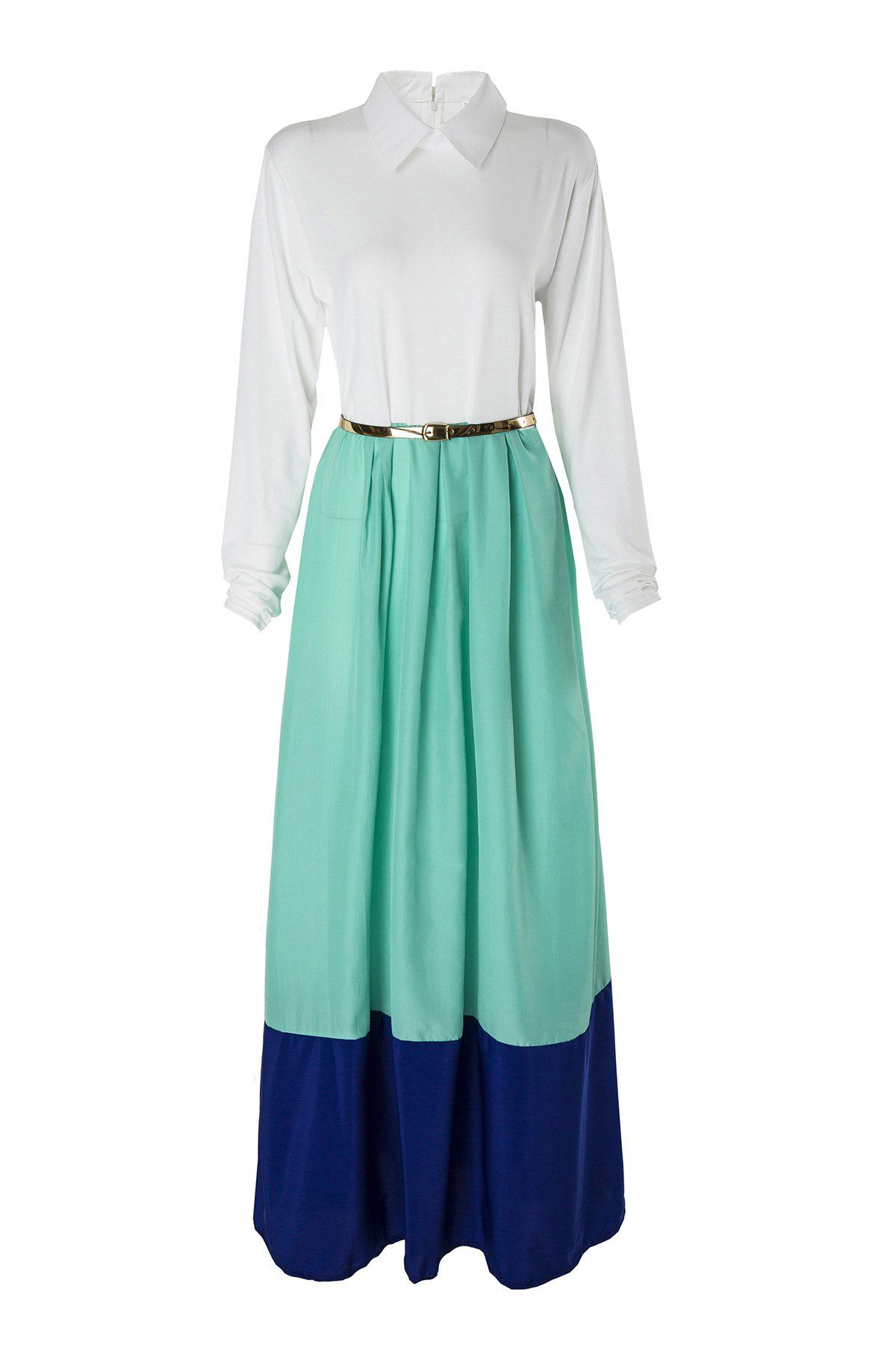 

Stylish Turn-Down Collar Color Block Long Sleeve Women's Maxi Dress, Green
