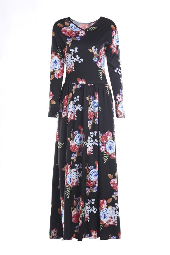 Long Sleeve Maxi Floral Print Dress - Noir XL
