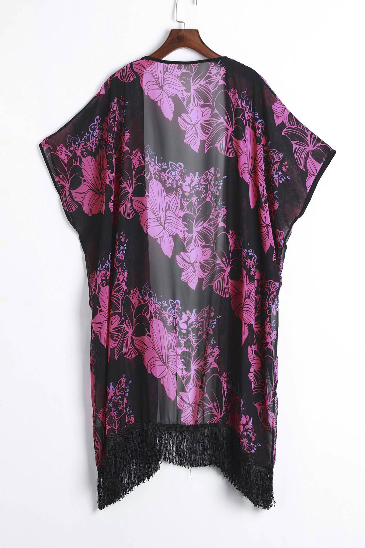 2018 Retro Style Floral Printed Tassel Hem Loose Kimono For Women BLACK