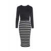Sexy Style Round Neck Solid Color Long Sleeve Crop Top + Stripe Skirt For Women - Noir M