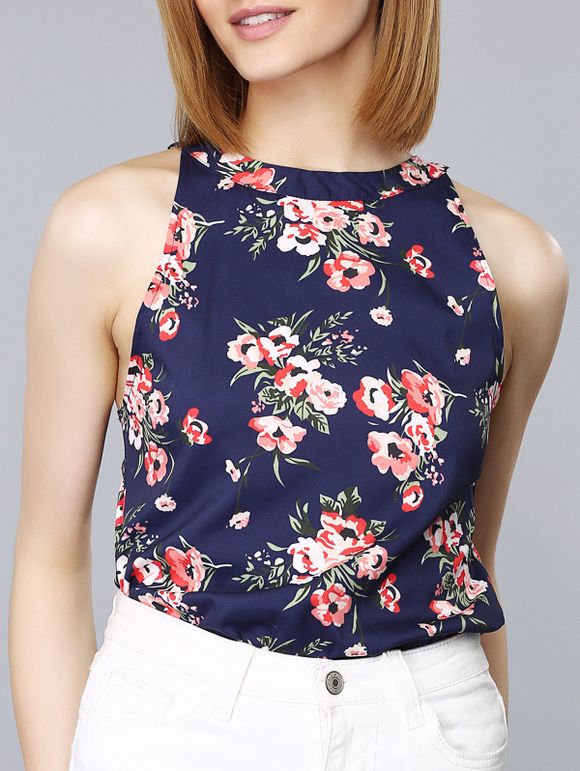 Chic Round Neck Zipper Design Floral Print Women's Tank Top - Bleu profond XL