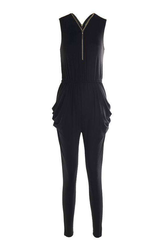 Stylish Plunging Neck Sleeveless Zipper and Pocket Design Women's Black Jumpsuit - Noir S