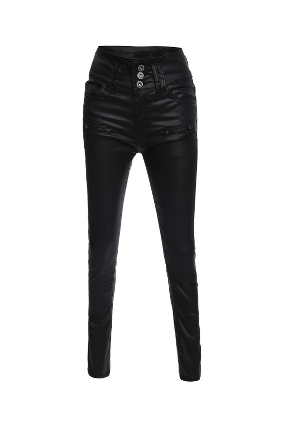 Brief Women's Buttoned Black PU Leather Pants - BLACK 38