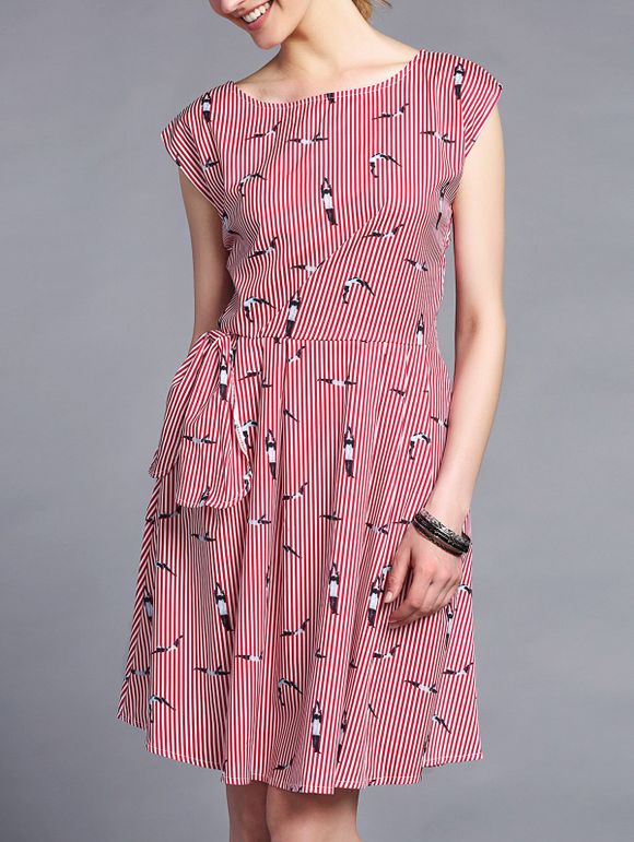 Trendy Round Collar Printed Slimming Stripe Women's Dress - Rayure L
