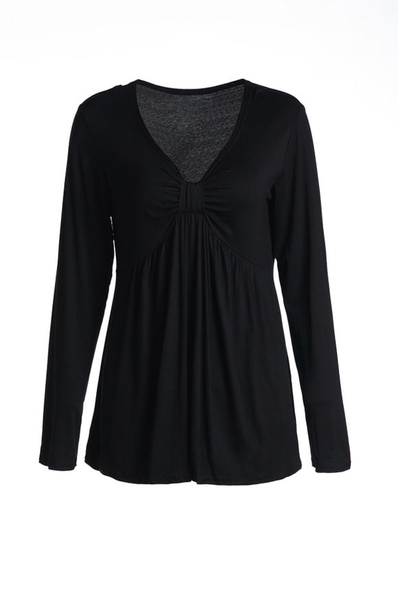 Casual V-Neck T-shirt à manches 3/4 Couleur Minceur Femmes solides - Noir XL