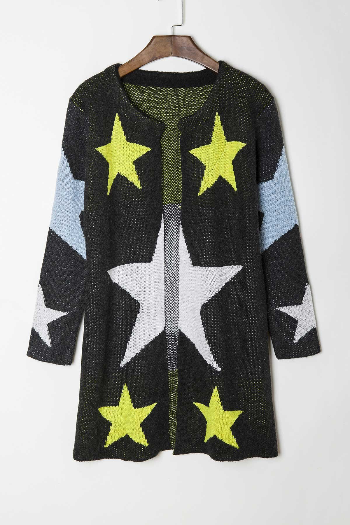 Fashionable Round Collar Star Pattern Long Sleeve Women's Cardigan - BLACK ONE SIZE(FIT SIZE XS TO M)