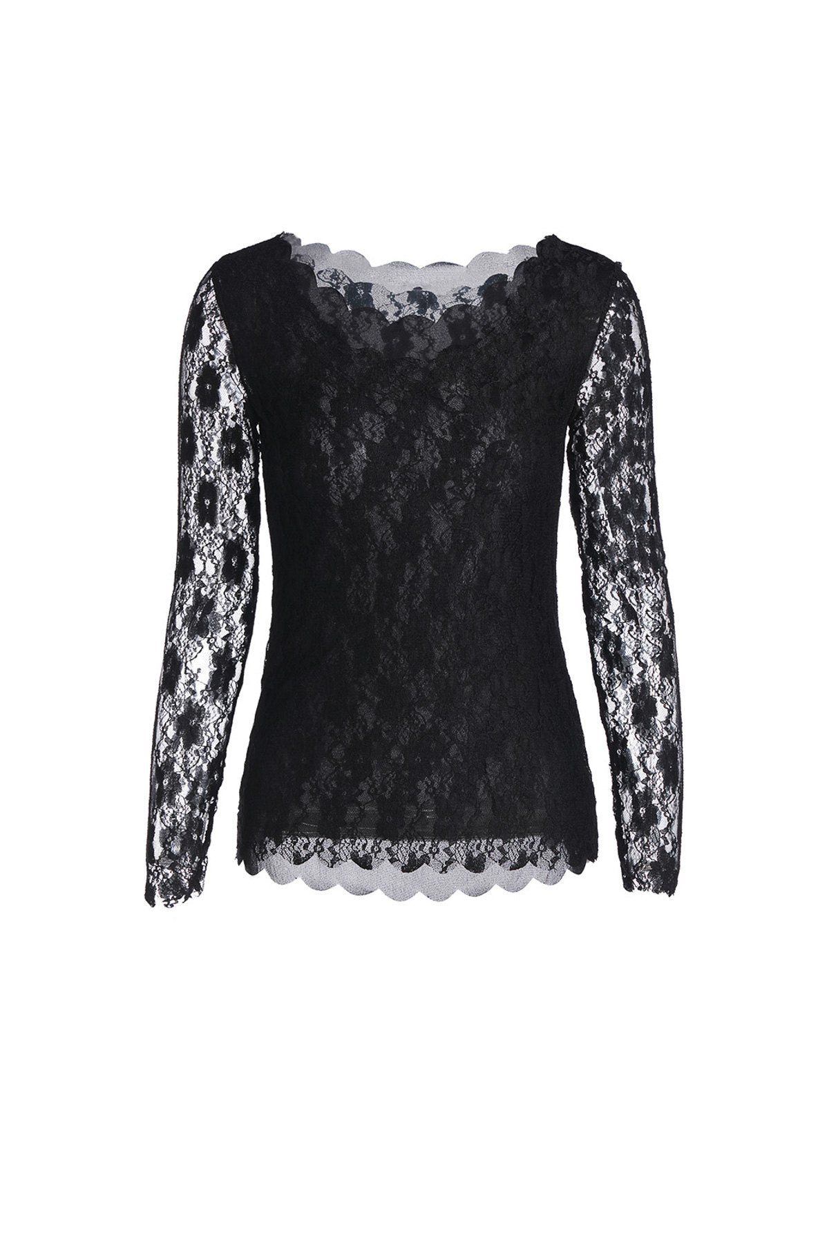 

Stylish Scoop Neck Long Sleeve Laciness See-Through Lace Women's Blouse, Black