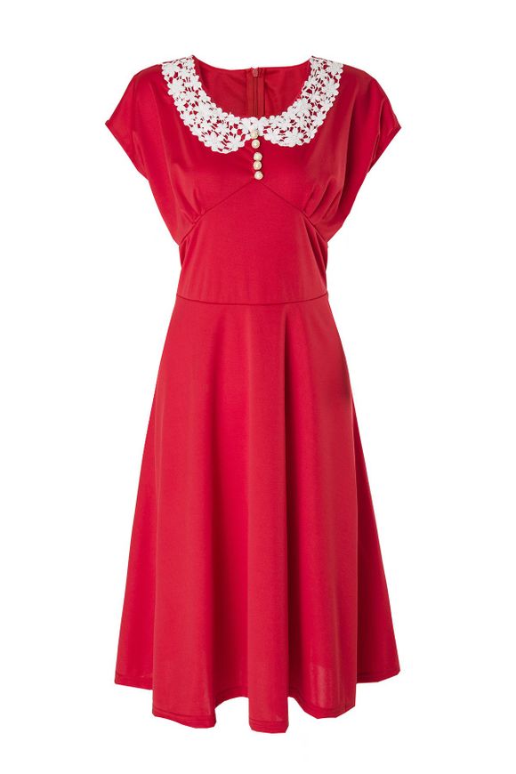 Robe Vintage en Crochet à Col Claudine pour Femme - Rouge M