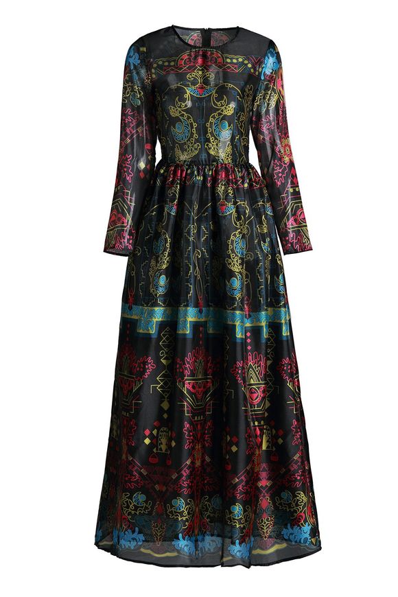 Elegant Round Neck Long Sleeve Colorful Vintage Print Women's Maxi Voile Dress - BLACK XL