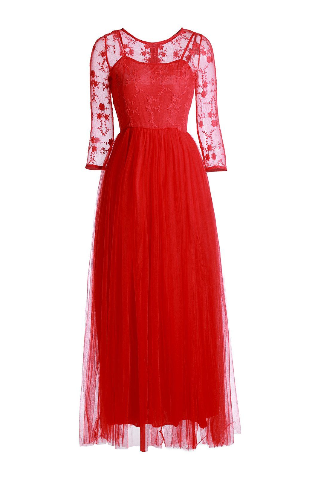 

Elegant Round Neck Floral Embroidery Spliced Voile 3/4 Sleeve Women's Maxi Dress, Red
