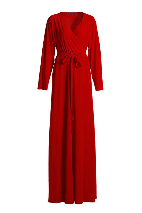 Robe élégante à encolure en V à manches 3/4 et pleine couleur Robe femme - Rouge 2XL