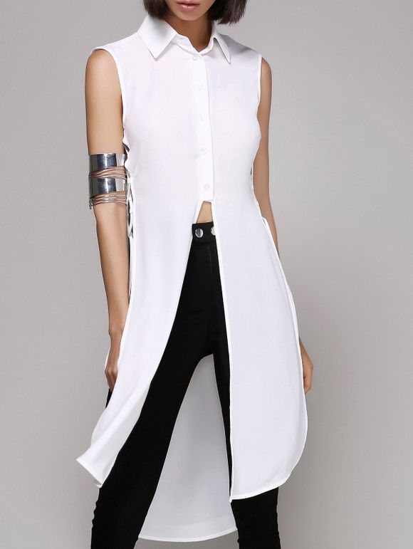 Élégant Lace-Up Shirt Col Pure Color de Split Shirt pour les femmes - Blanc L