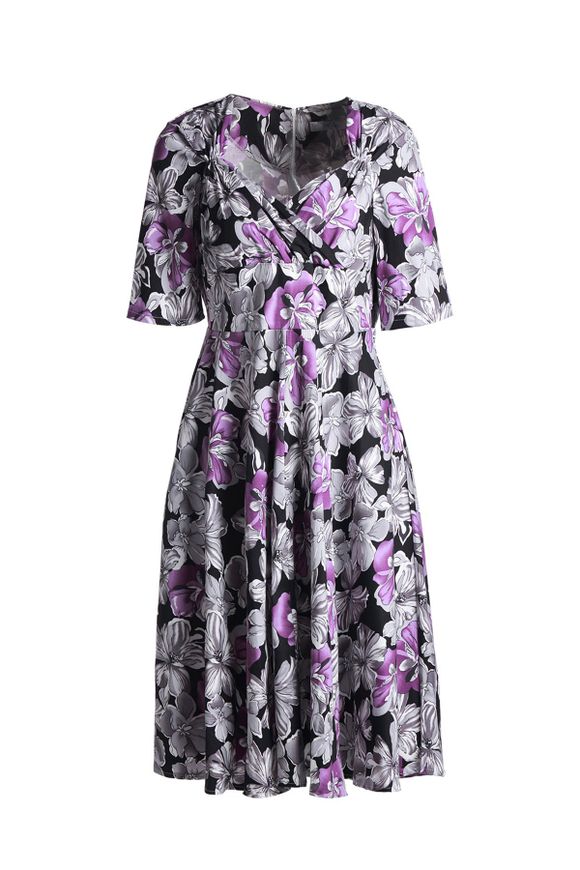 Robe de Vintage manches courtes décolleté en cœur imprimé floral Femmes - Gris L