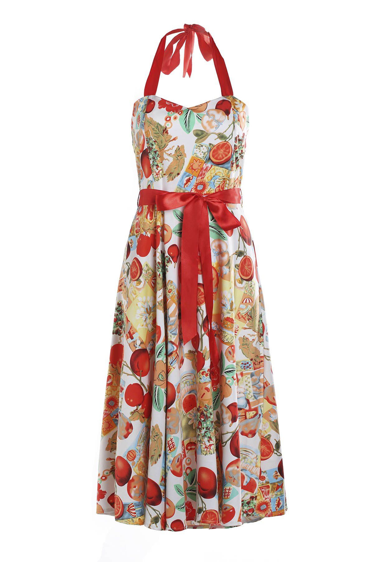 [17 OFF] 2021 Retro Style Fruits Print Halter Sleeveless Dress For