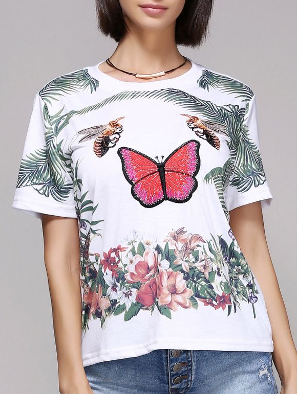 Papillon Imprimer élégant court ronde manches T-shirt col pour les femmes - Blanc L