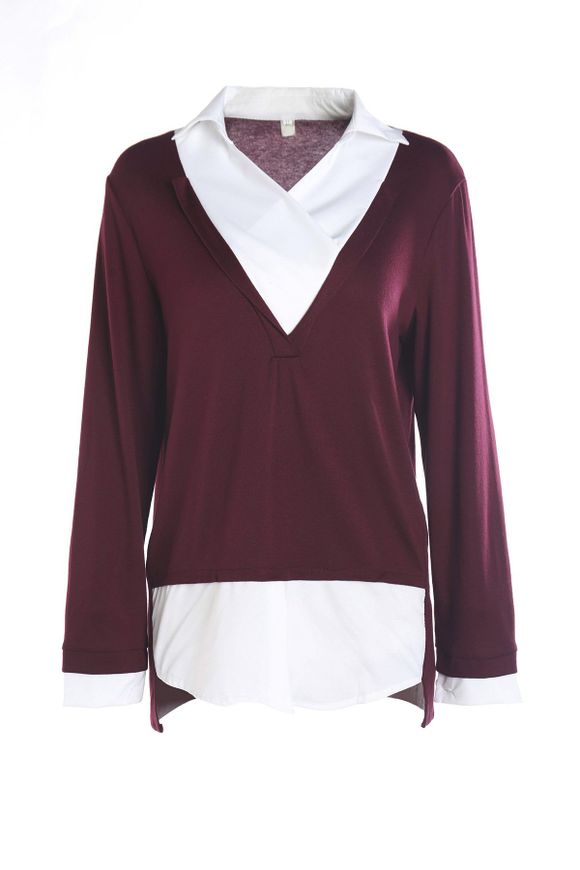 Stylish Shirt Collar Long Sleeve Faux Twinset Hit Color Women's Blouse - Rouge vineux XL