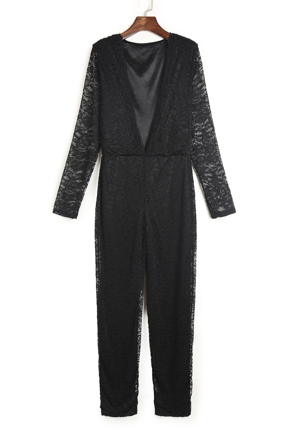 [17 OFF] 2021 Trendy Plunging Neck Hollow Out SeeThrough Black Lace