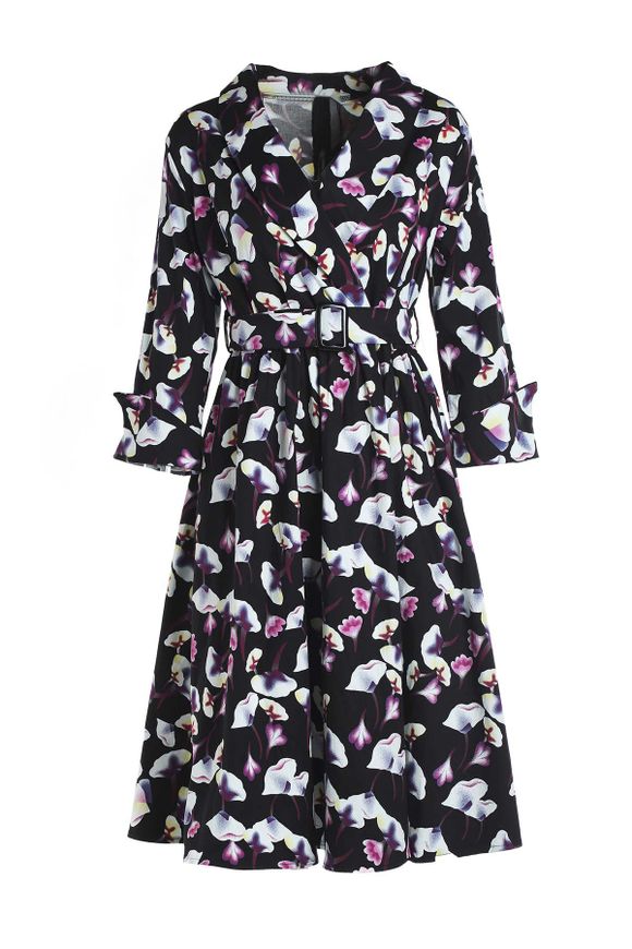 Style vintage à manches 3/4 et col châle imprimé floral Dress - Noir M