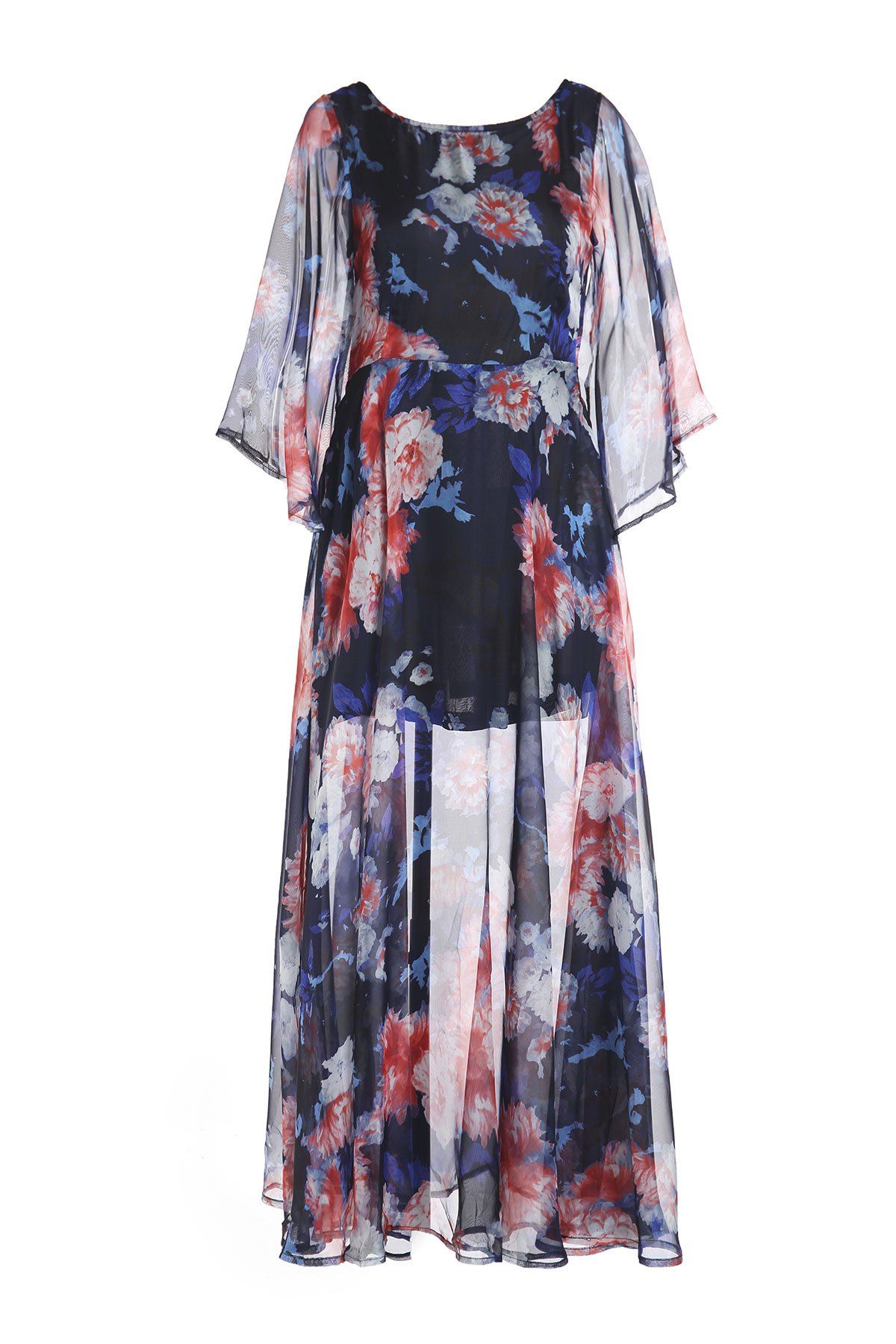 

Women' Chic 3/4 Sleeve Color Block Floral Print Chiffon Dress, Colormix