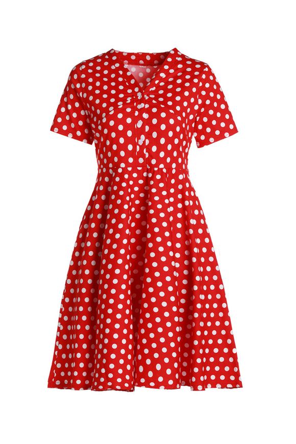 Polka Dot douce à encolure en V Imprimé Robe évasée Midi pour les femmes - Rouge L