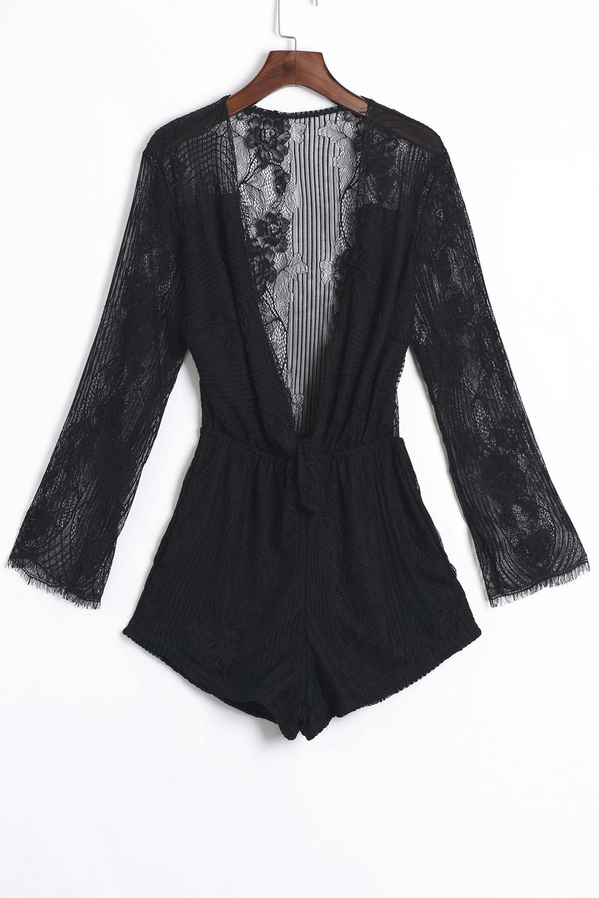 

Sexy Plunging Neck See-Through Lace Spliced Flounce Romper For Women, Black