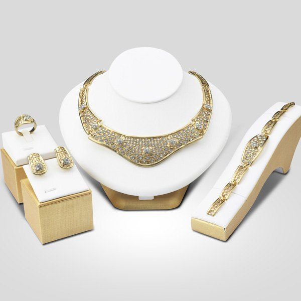 

A Suit of Trendy Rhinestone Hollow Out Necklace Bracelet Ring Earrings, Golden