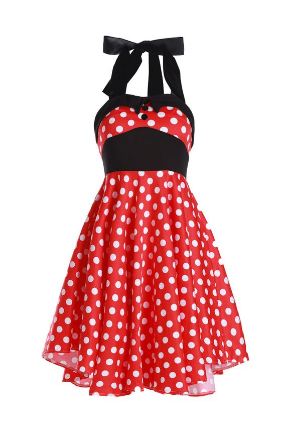 Polka Dot Halterneck imprimer une ligne-robe de la femme Vintage - Rouge XL