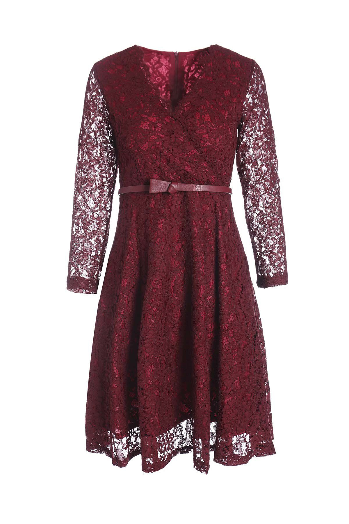 

Alluring Women's V-Neck 3/4 Sleeve Slimming Lace Dress, Wine red